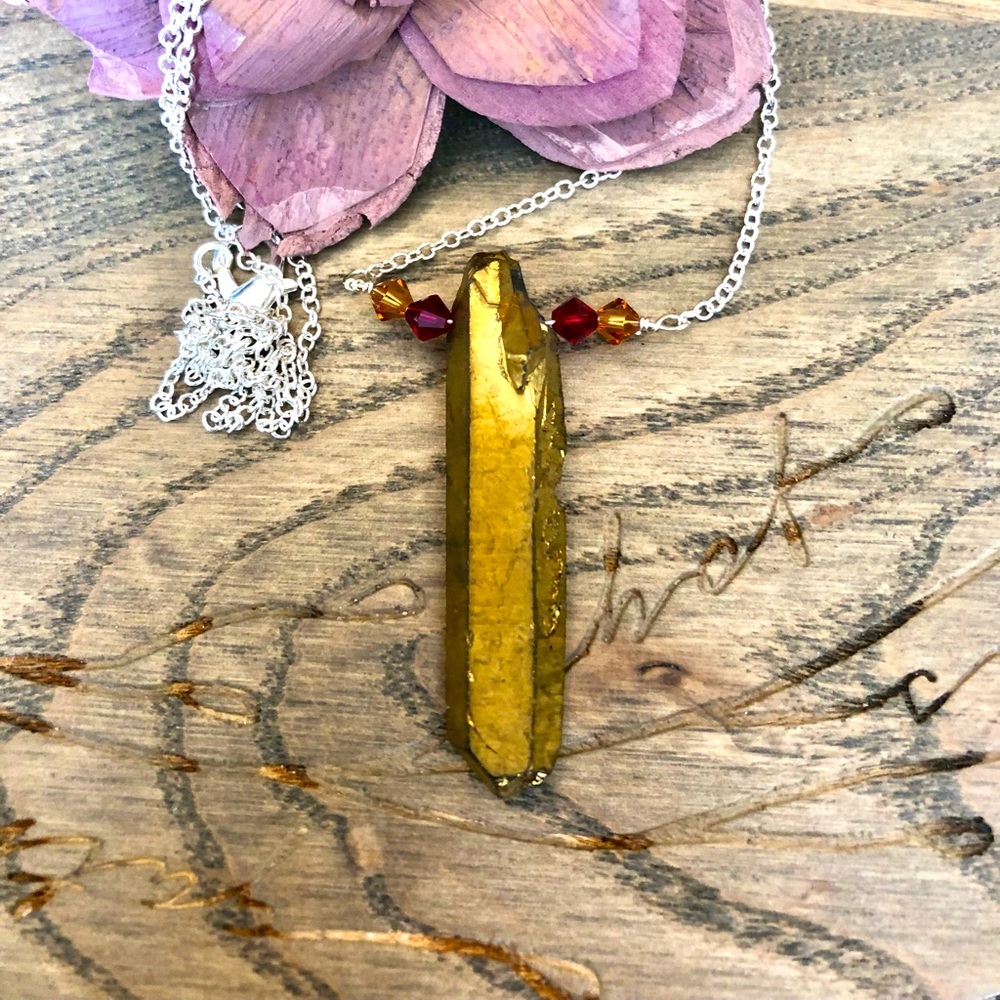 Gold Quartz Crystal Point Necklace